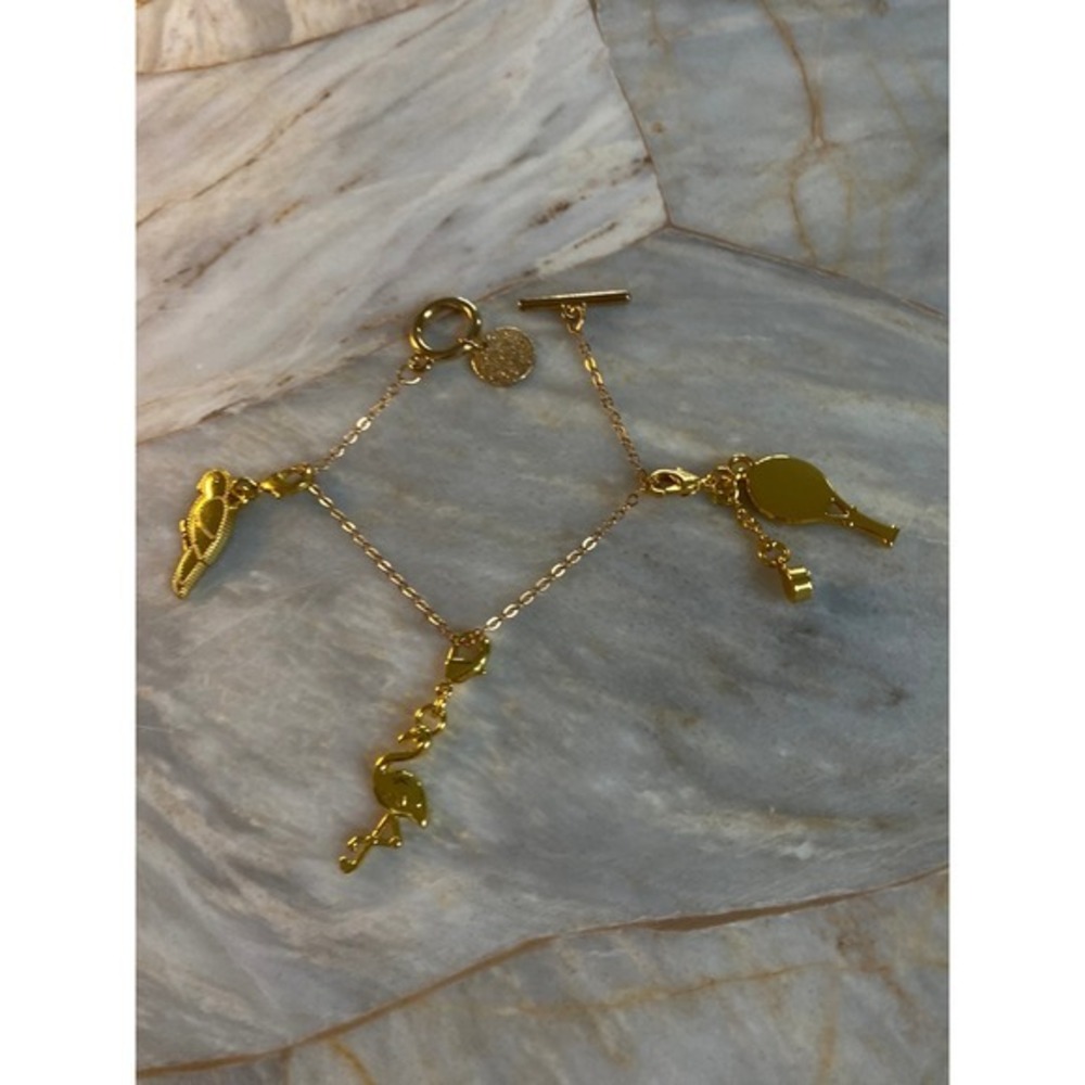 Gold Tone Tropical Charm Bracelet Flamingo Parrot Tennis Racket Toggle Clasp